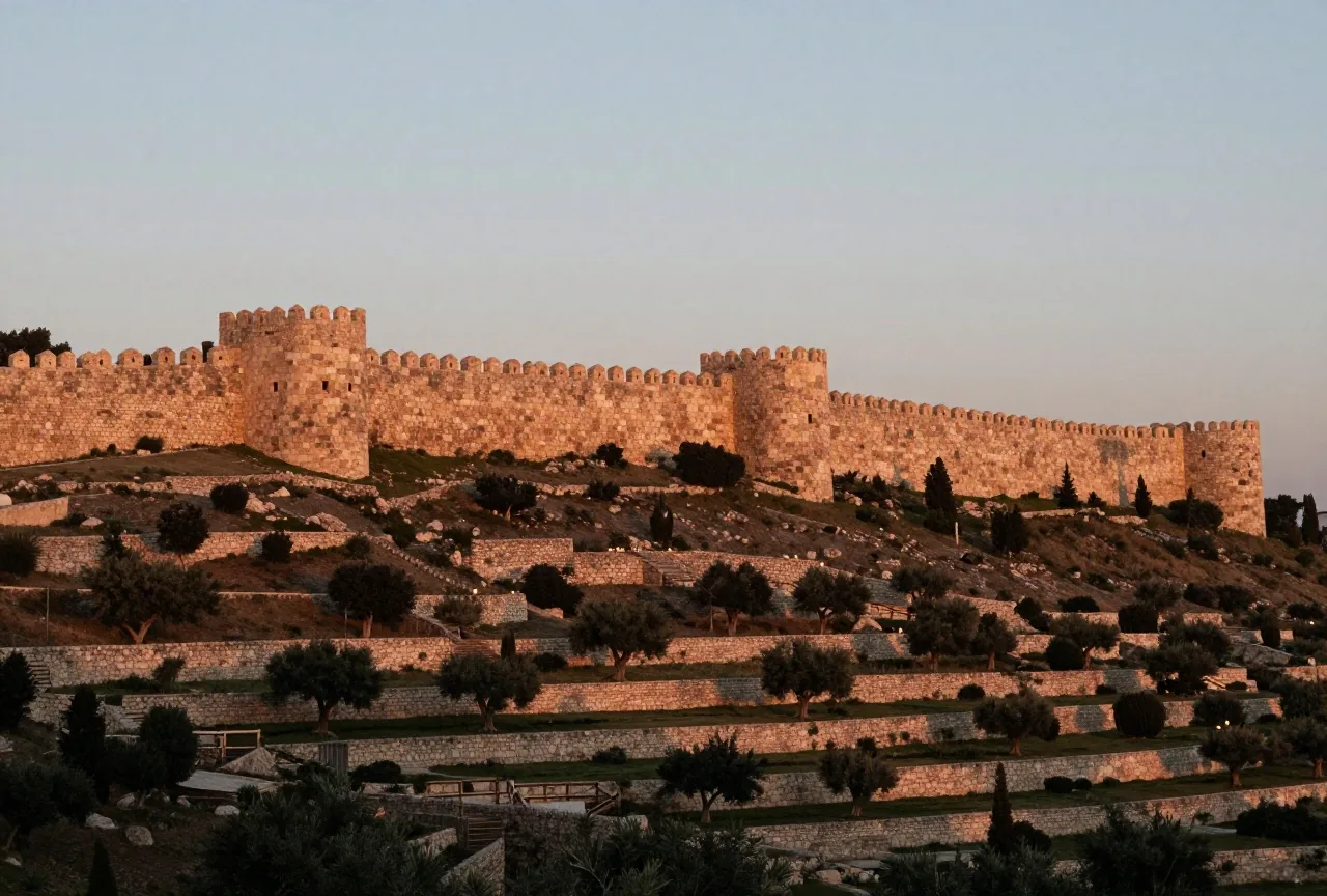 Eine antike Stadtmauer aus Stein auf einem Hügel im Abendlicht, darunter Terrassen mit Olivenbäumen
