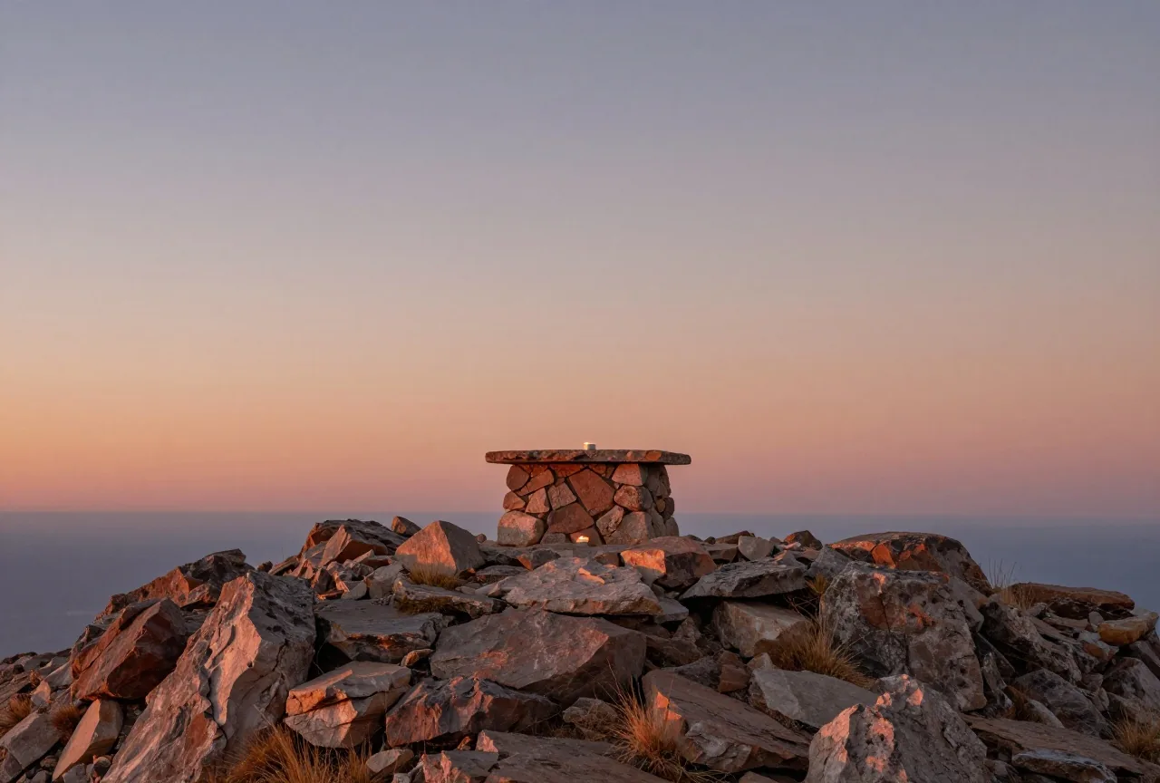 Ein felsiger Bergrücken über dem Meer bei Sonnenuntergang mit einem einfachen Altar aus unbehauenen Steinen