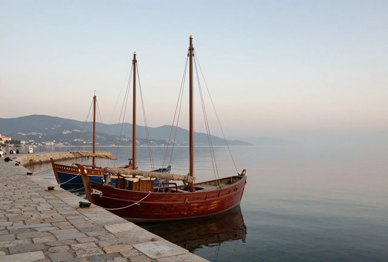 Ein antiker Steinhafen an einer ruhigen Bucht bei Sonnenaufgang, hölzerne Segelschiffe liegen am Kai vor dunstigen Hügeln