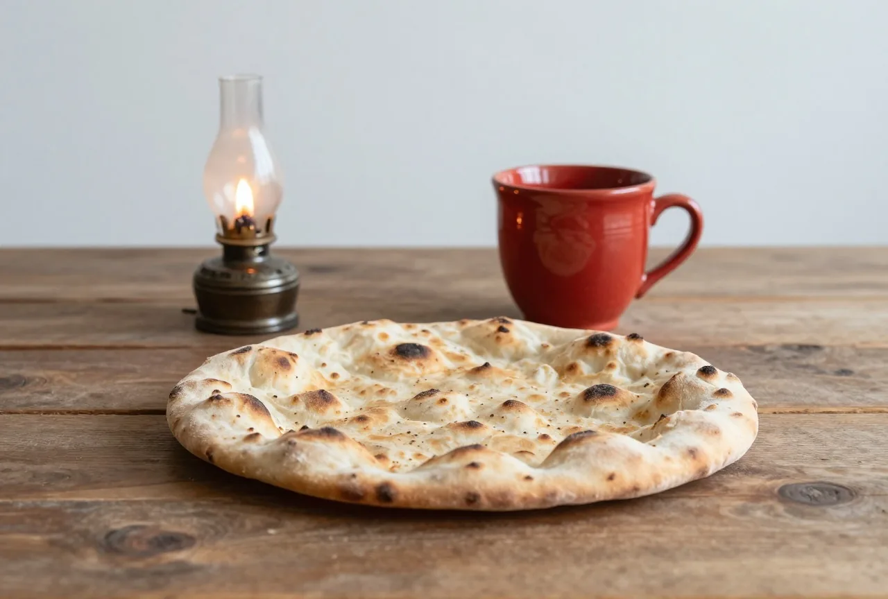 Ein rundes Fladenbrot und ein schlichter Tonbecher auf einem groben Holztisch im Licht einer kleinen Öllampe