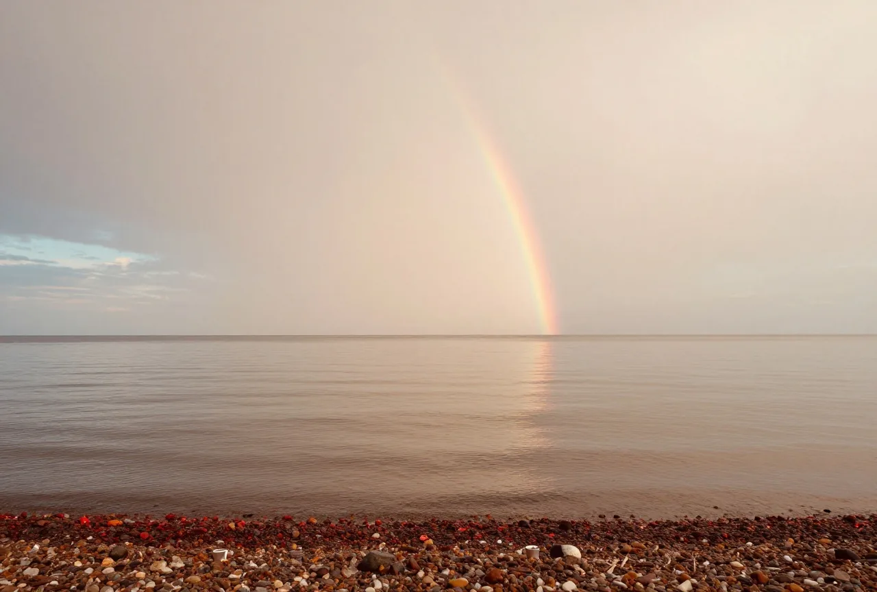 Ein ruhiges Meer unter aufklarendem Himmel mit einem Regenbogen nach dem Regen, davor ein leerer Kiesstrand