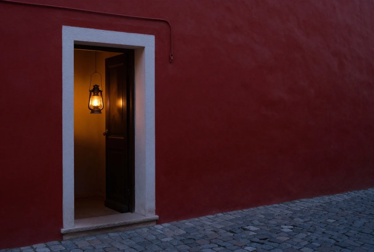 Eine enge gepflasterte Gasse in einer alten Stadt bei Nacht, in einer offenen Tür leuchtet eine kleine Öllampe