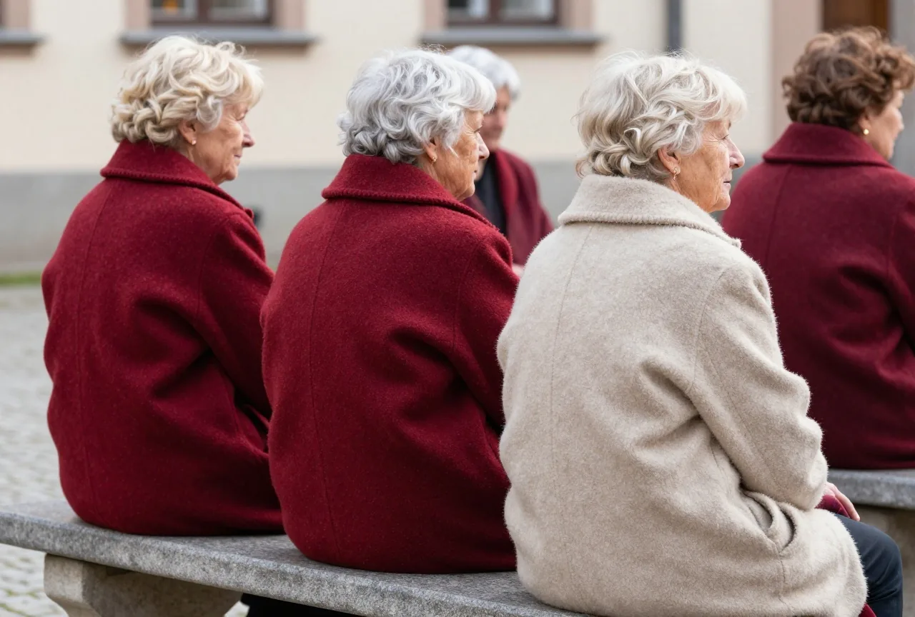 Mehrere ältere Frauen in schlichten Wollumhängen sitzen zusammen auf einer Steinbank in einem sonnigen Hof
