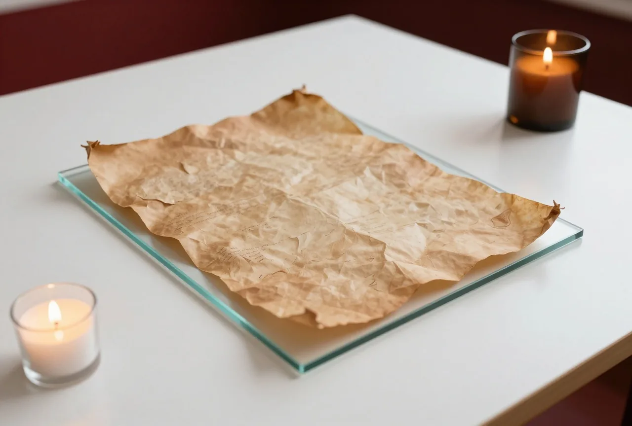Ein brüchiges Stück braunen Papyrus liegt unter einer Glasplatte auf einem weißen Tisch in einem Museumsraum