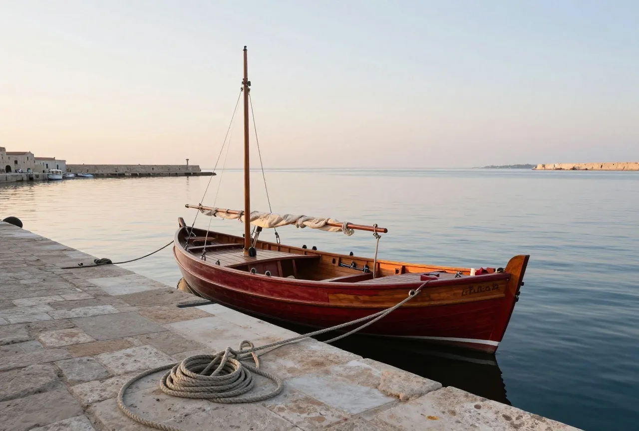 Ein kleines hölzernes Segelschiff liegt im Morgengrauen an einer alten steinernen Hafenmauer, das Meer ist ruhig