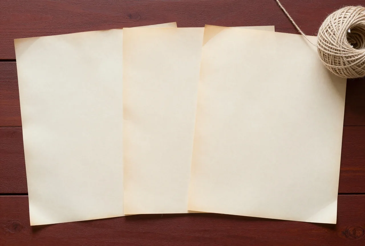 Mehrere leere Blätter aus hellem Papyrus liegen nebeneinander auf einem rauen Holztisch, daneben ein Knäuel Schnur