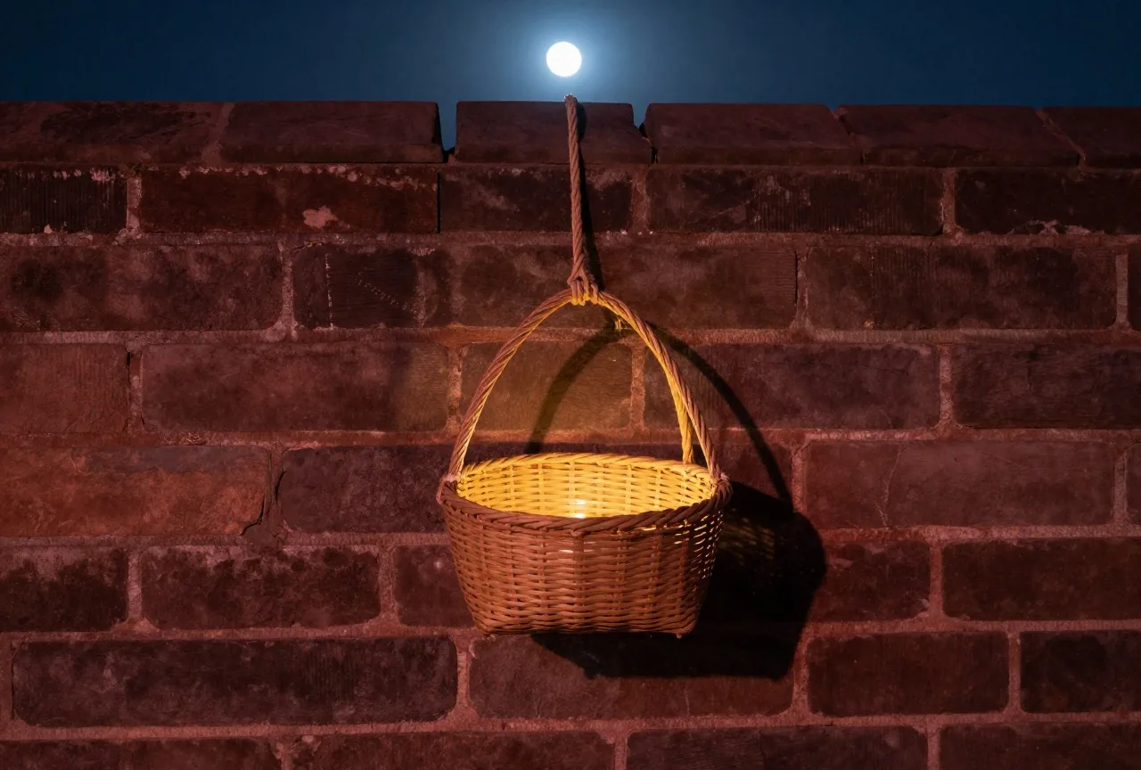 Ein leerer geflochtener Korb hängt nachts im Mondlicht an einem Seil von einer hohen alten Stadtmauer