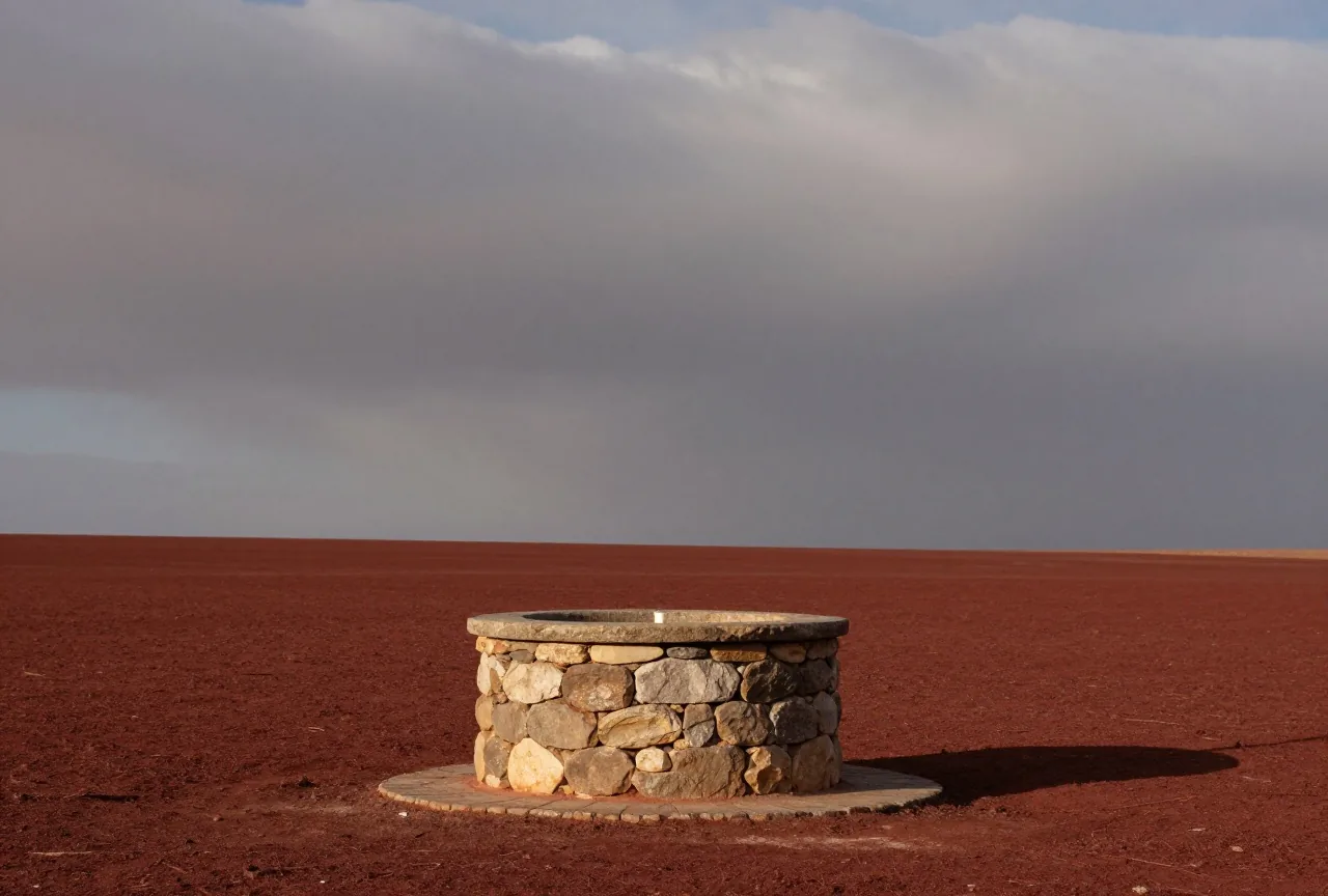 Ein alter trockener Brunnen aus Stein auf einem verbrannten Feld, darüber vom Wind getriebene graue Wolken