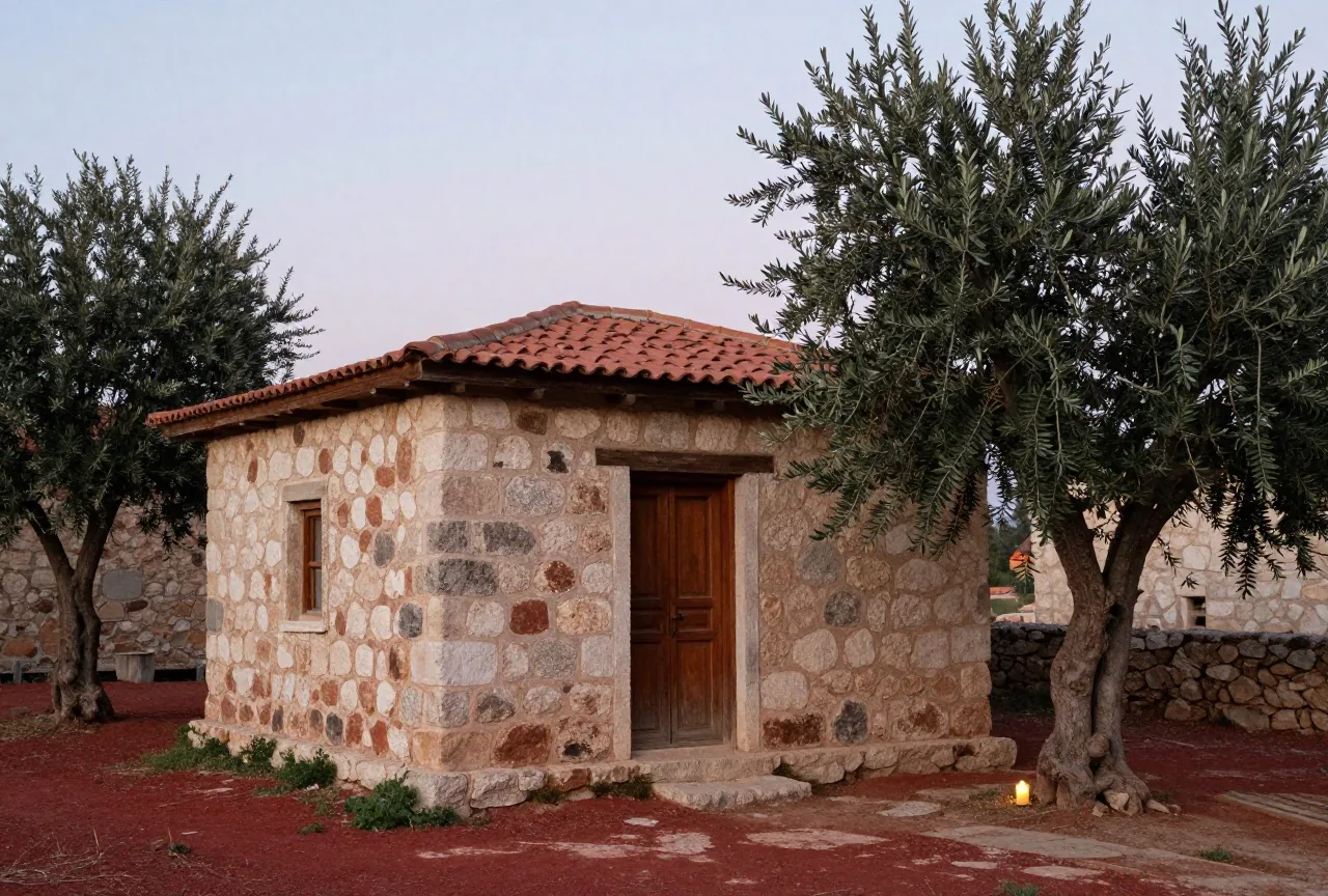 Ein kleines antikes Steinhaus am Rand eines Hügeldorfes in Anatolien mit Holztür und Olivenbaum im weichen Morgenlicht