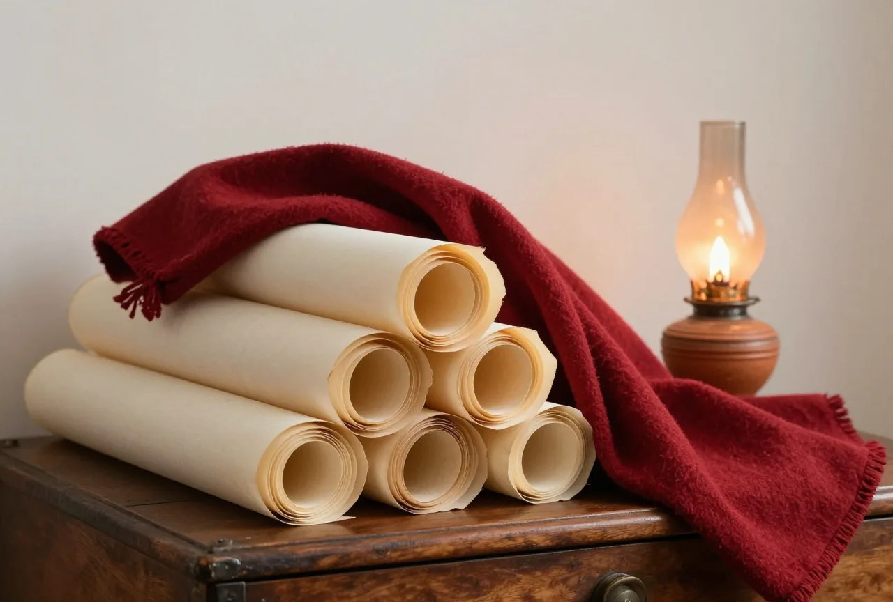 Ein Stapel gerollter Pergamentrollen und ein gefalteter Wollmantel auf einer Holztruhe im warmen Licht einer Öllampe