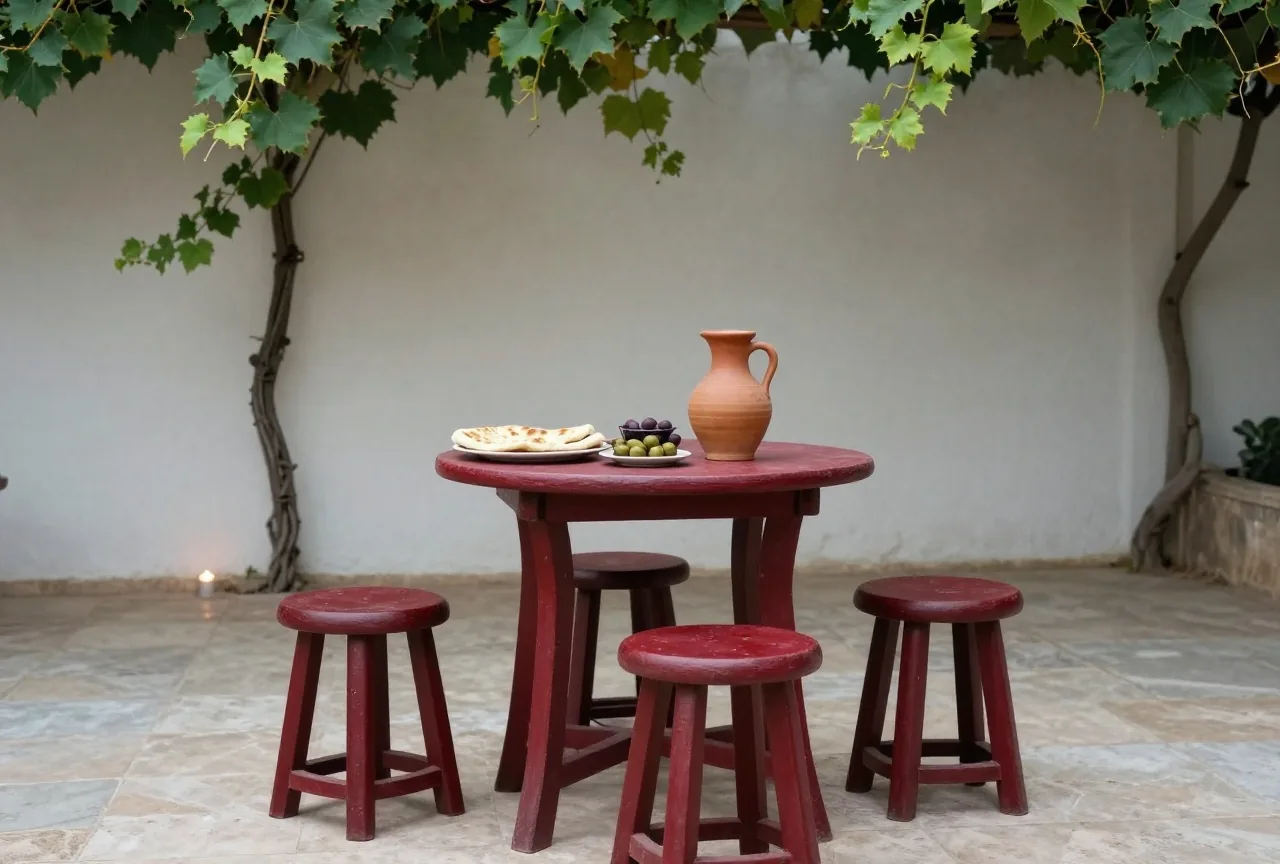 Ein einfacher Tisch mit Fladenbrot, Oliven und einem Tonkrug in einem von Weinlaub beschatteten Hof, drei leere Hocker
