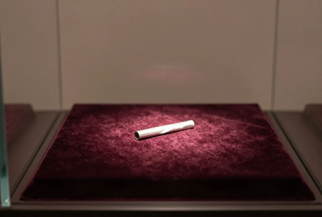 Zwei winzige gerollte Silberstreifen auf dunklem Samt in einer gläsernen Museumsvitrine unter einem Lichtkegel