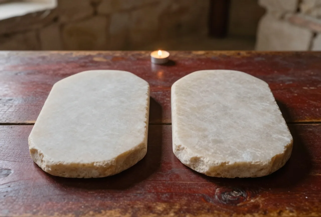 Zwei abgerundete Steintafeln mit glatter Oberfläche liegen nebeneinander auf einem rauen Holztisch im Steinraum