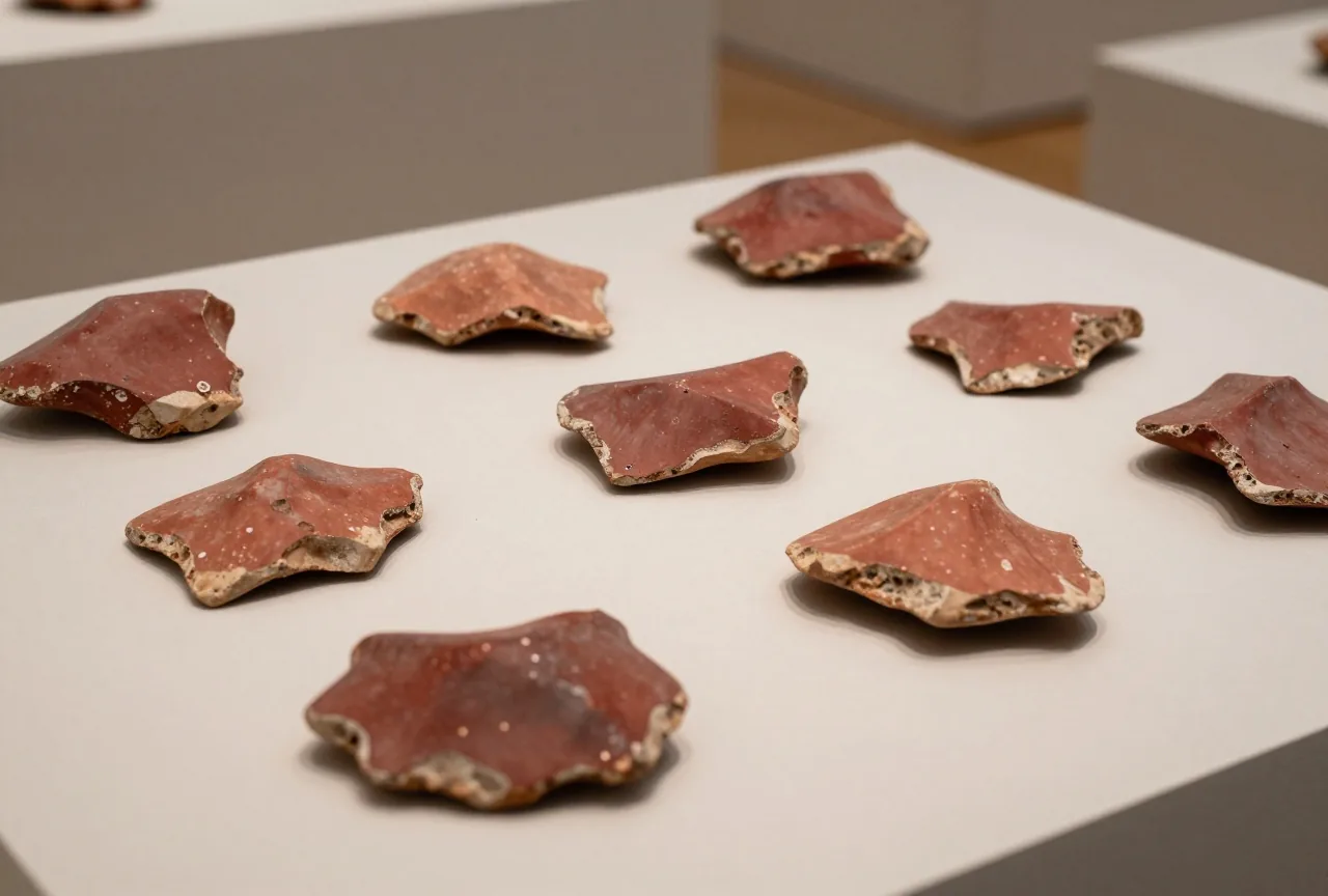 Verwitterte Bruchstücke aus altem gebranntem Ton liegen geordnet auf einem schlichten Tisch im Museum