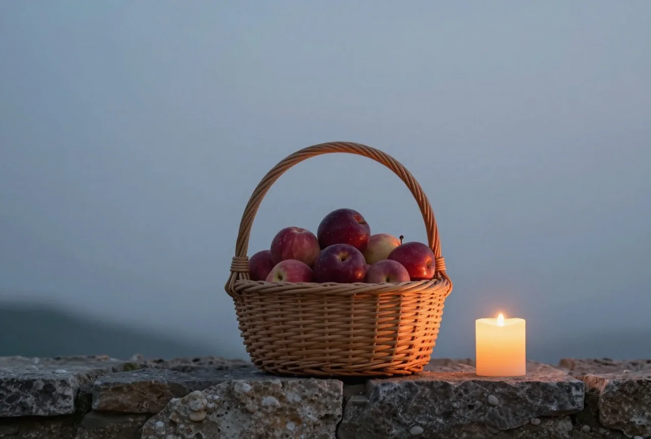 Ein geflochtener Korb voller reifer Spätsommerfrüchte steht auf einer Steinmauer im weichen Abendlicht