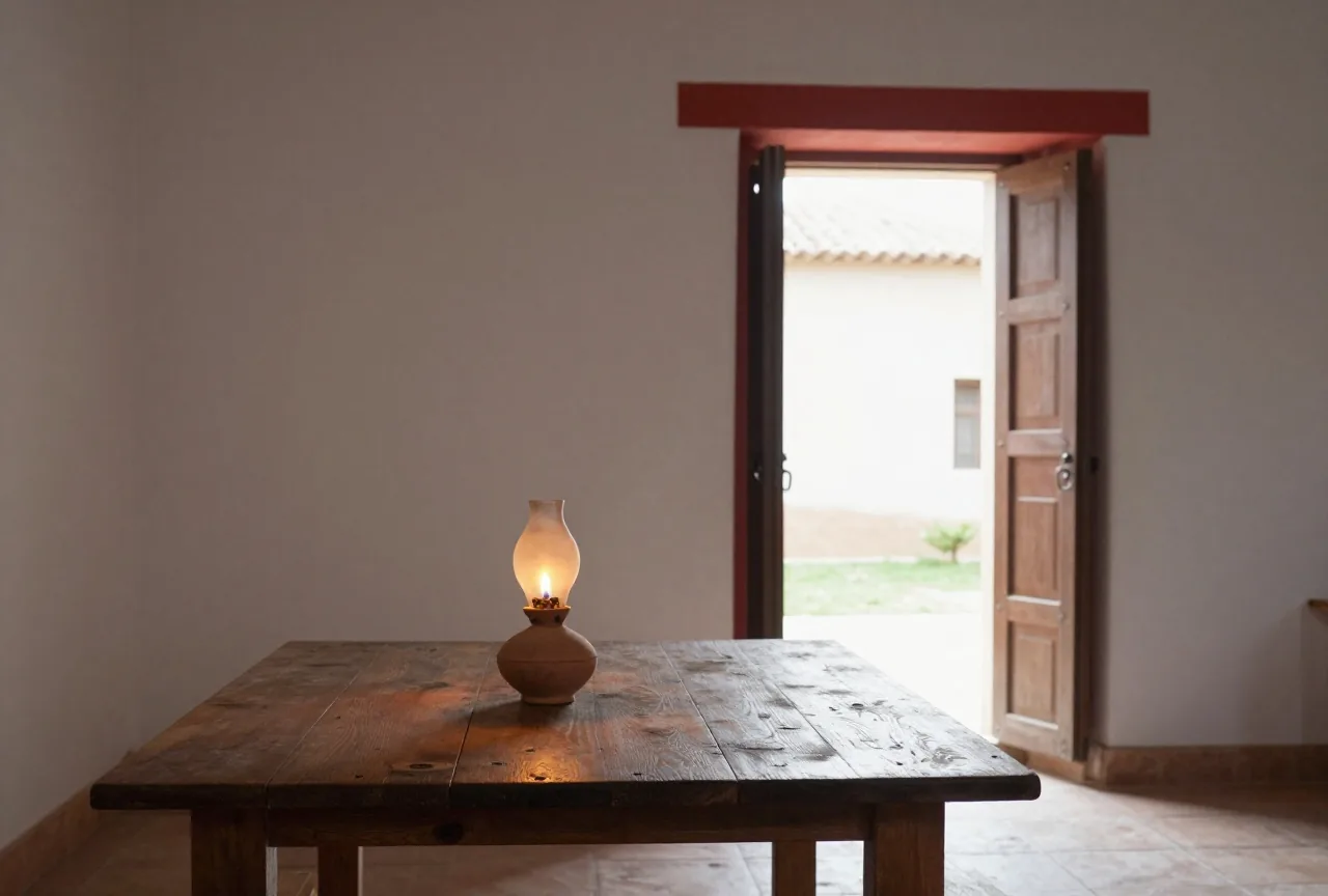 Ein schlichter Raum in einem antiken römischen Haus mit Holztisch, Öllampe aus Ton und offener Tür zu einem sonnigen Innenhof