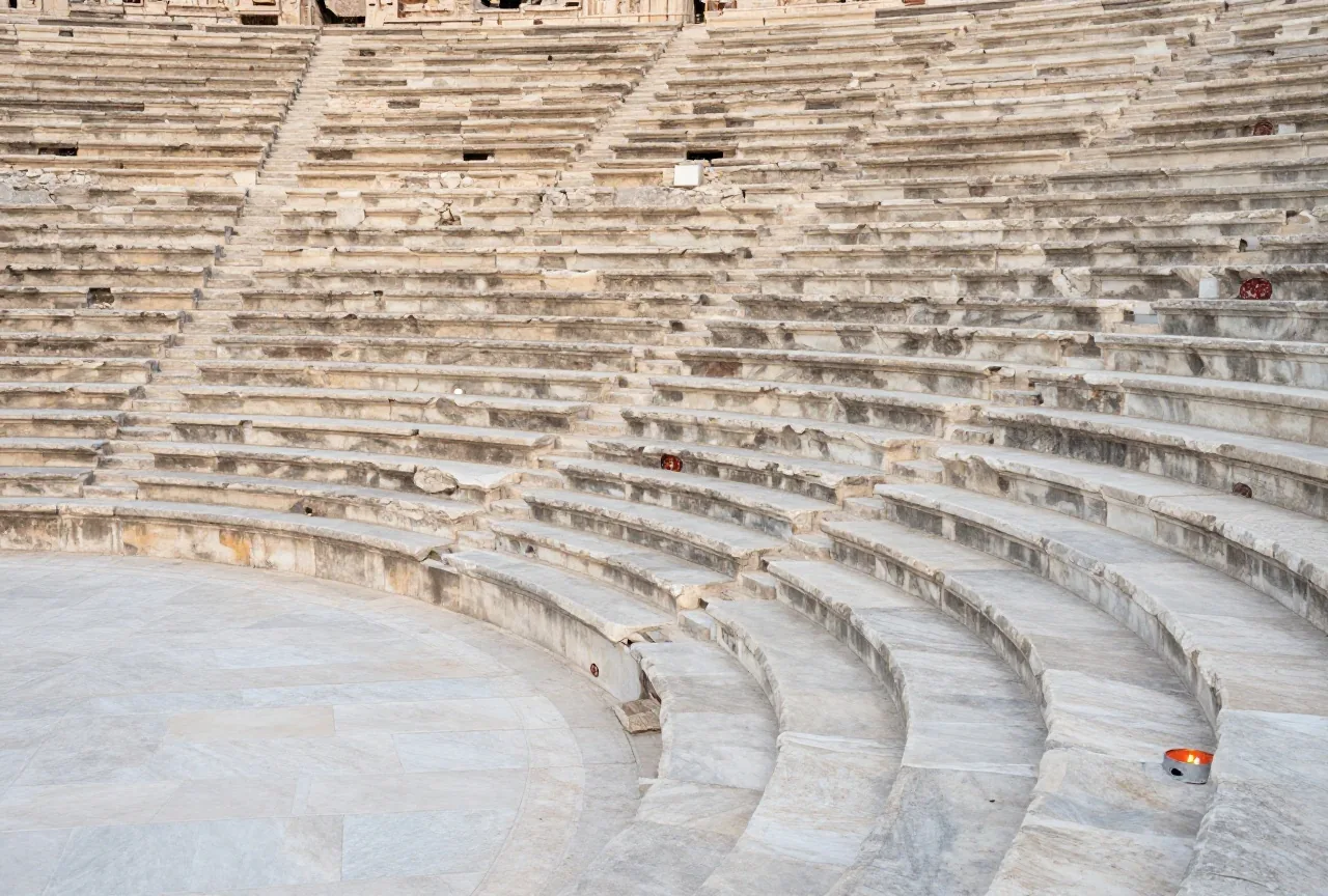 Die Ruine eines großen antiken Theaters aus Marmor an einem Hang mit Reihen steinerner Sitzplätze im klaren Morgenlicht