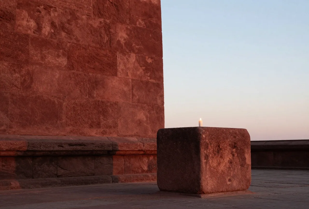 Das Fundament eines antiken Steingebäudes mit einem großen behauenen Eckstein im Vordergrund im warmen Abendlicht