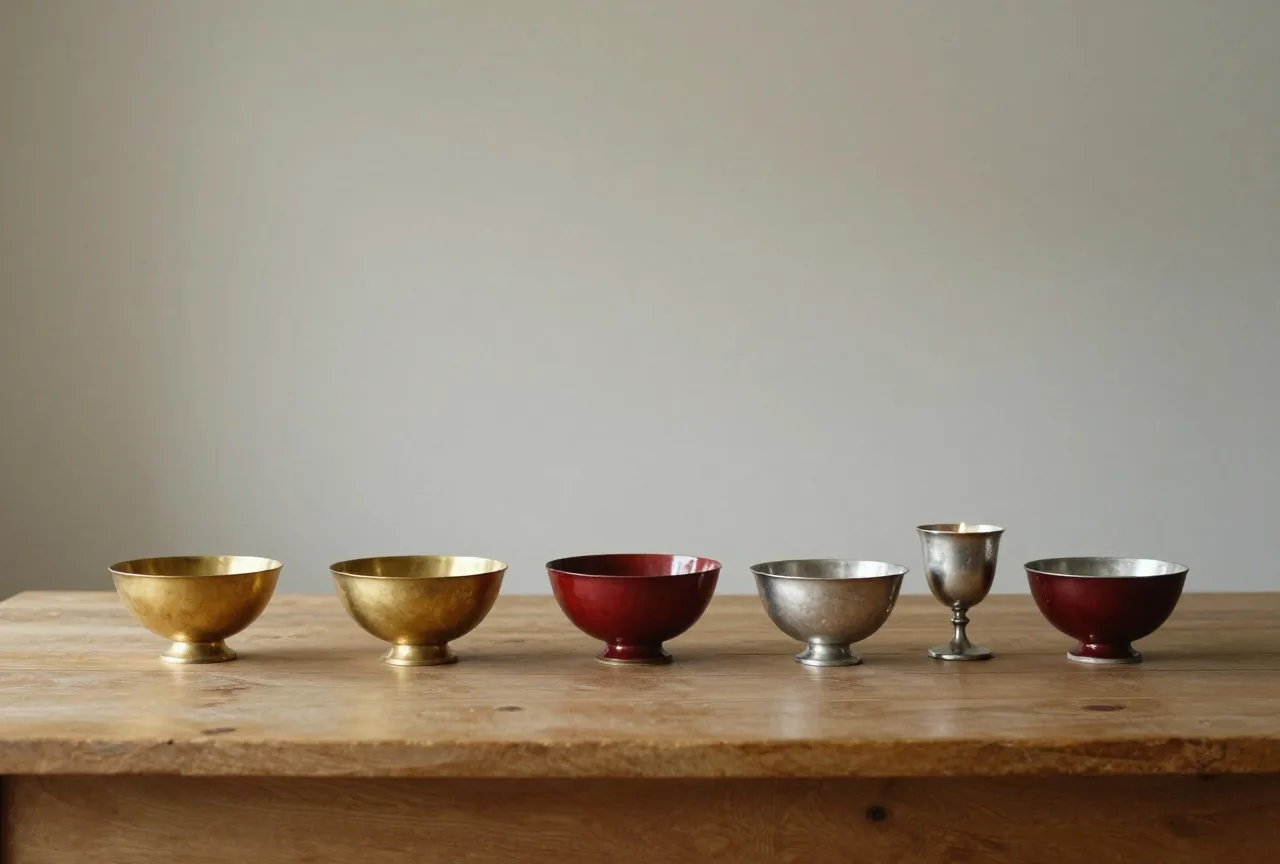 Schalen und Becher aus Gold und Silber stehen in einer Reihe auf einem schlichten Holztisch in einem Steinraum