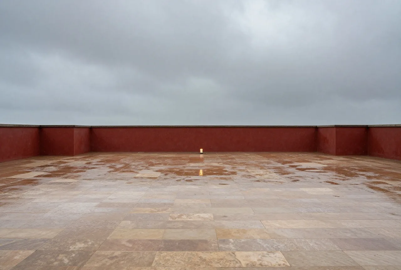 Ein offener Steinhof bei leichtem Regen mit Pfützen auf altem Pflaster unter einem grauen Himmel