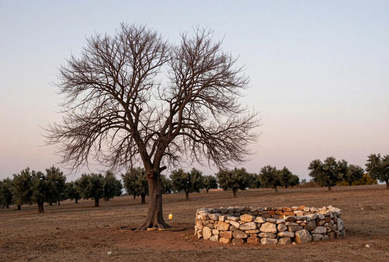 Ein kahler Feigenbaum und ein leerer steinerner Schafpferch an einem trockenen Hang mit Olivenbäumen in der Ferne