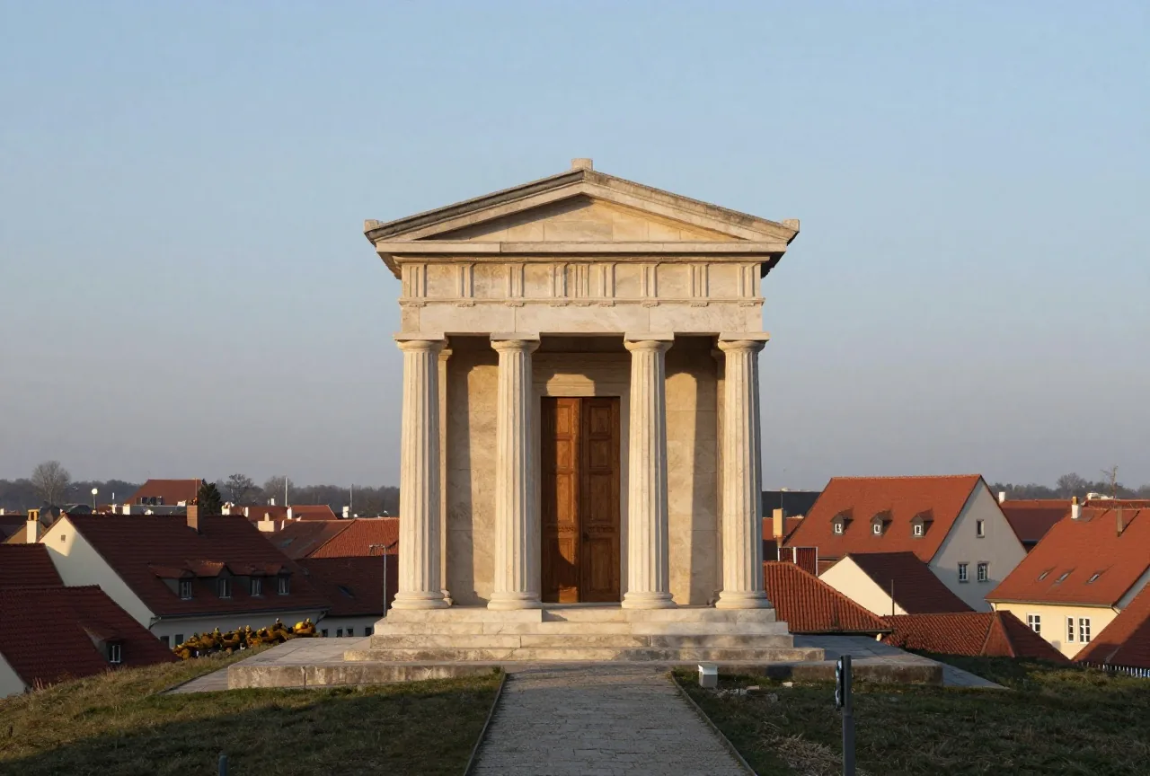 Ein schlichtes Tempelgebäude aus Kalkstein mit Zedernholztüren steht auf einem Hügel über einer alten Stadt im ruhigen Morgenlicht