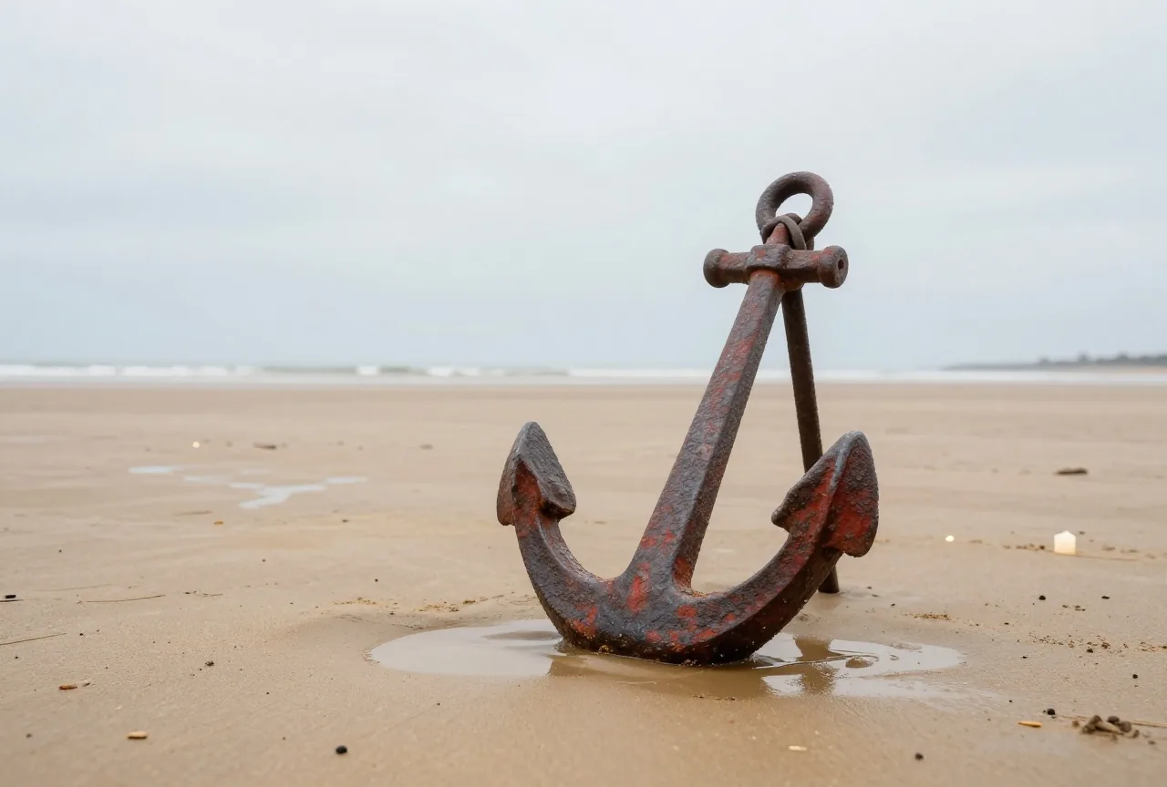 Ein alter eiserner Anker liegt bei Ebbe auf nassem Sand unter bewölktem Himmel