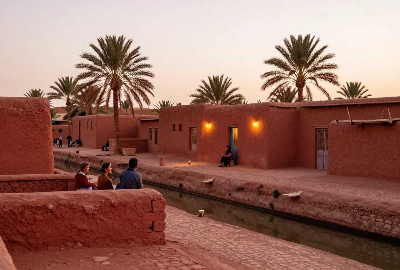 Eine kleine Siedlung aus Lehmziegelhäusern an einem Bewässerungskanal mit Palmen im Süden Mesopotamiens im Abendlicht