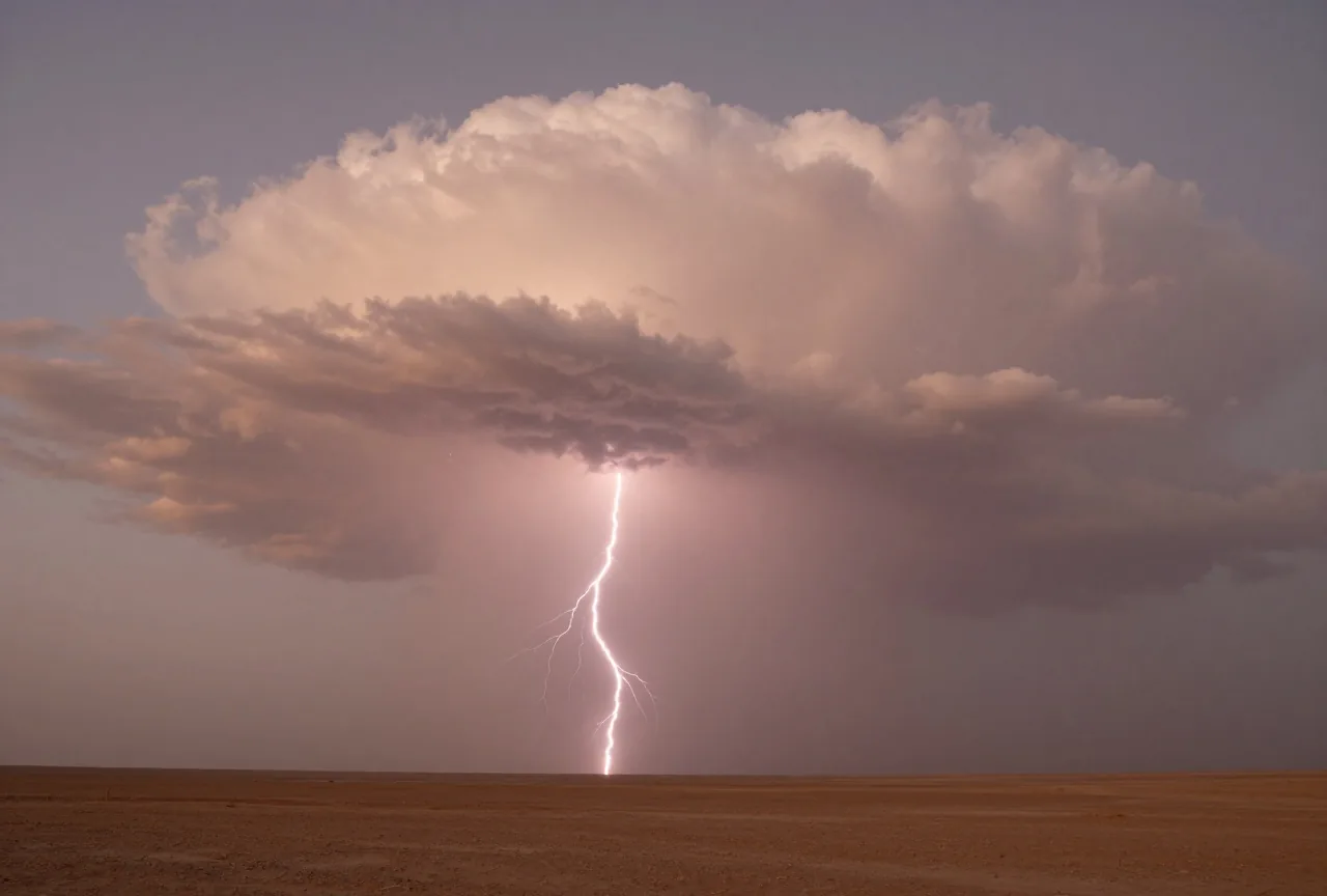 Eine gewaltige Gewitterwolke mit Blitzen über einer weiten leeren Wüstenlandschaft in der Abenddämmerung