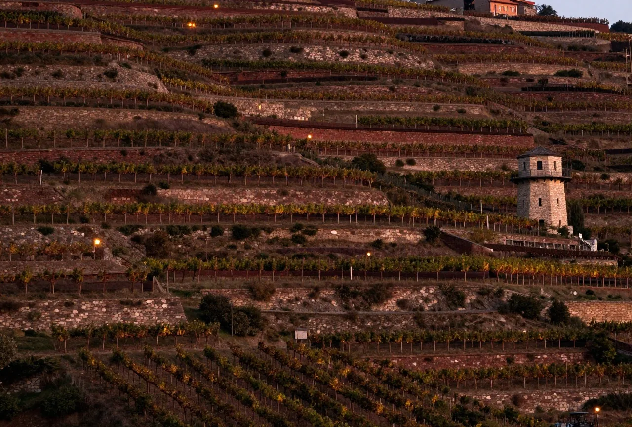 Terrassierte Weinbergreihen an einem sonnigen Hang mit einem kleinen steinernen Wachturm zwischen den Reben