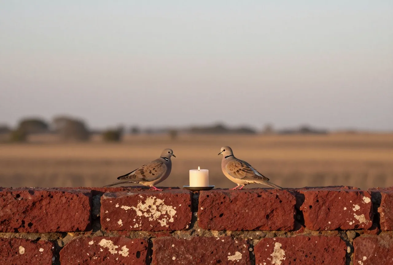 Zwei Turteltauben sitzen auf einer verwitterten Steinmauer in einer trockenen Landschaft im weichen Abendlicht