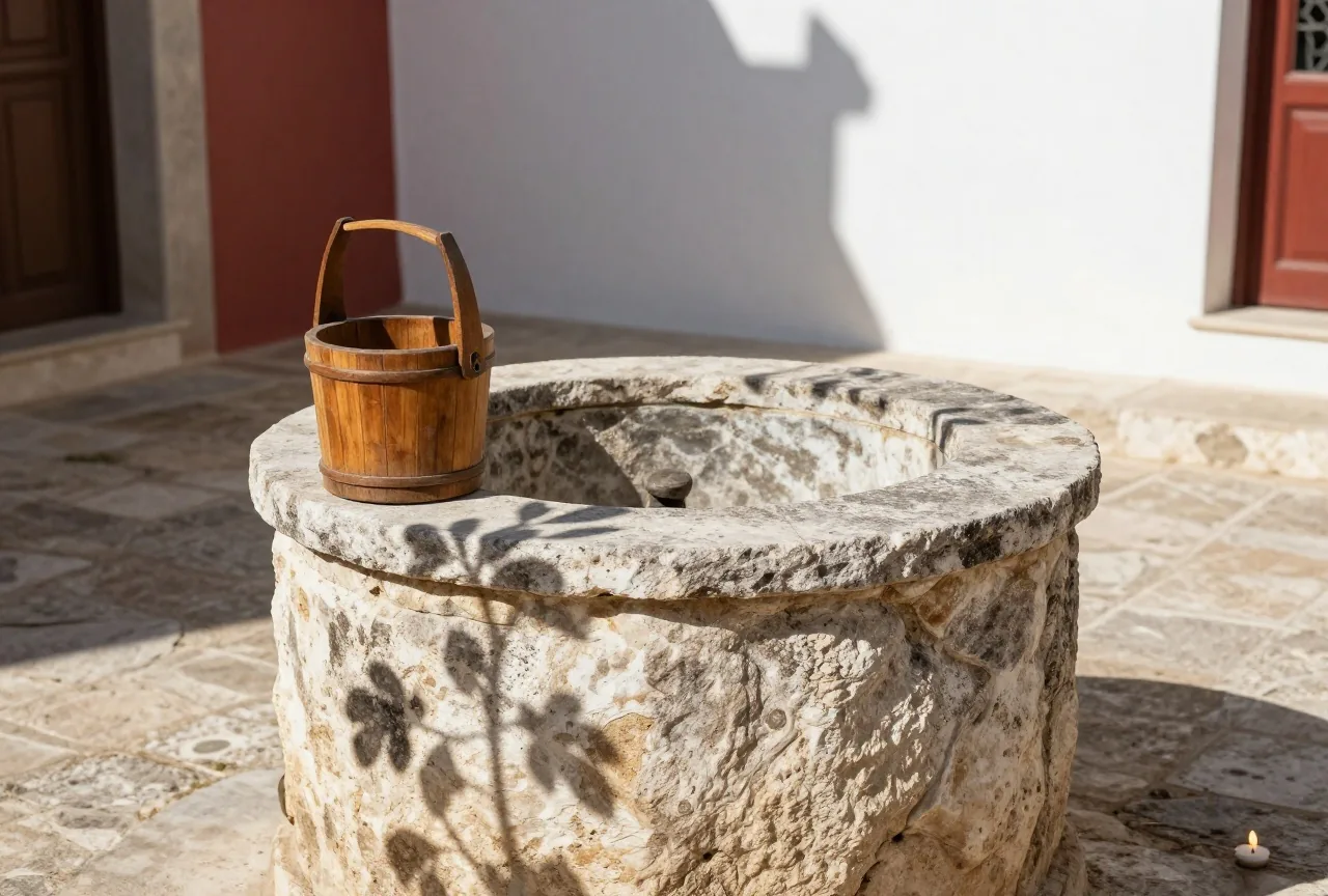 Ein alter Steinbrunnen in einem sonnigen Innenhof am Mittelmeer, auf dem Rand ein Holzeimer, Feigenblätter werfen Schatten