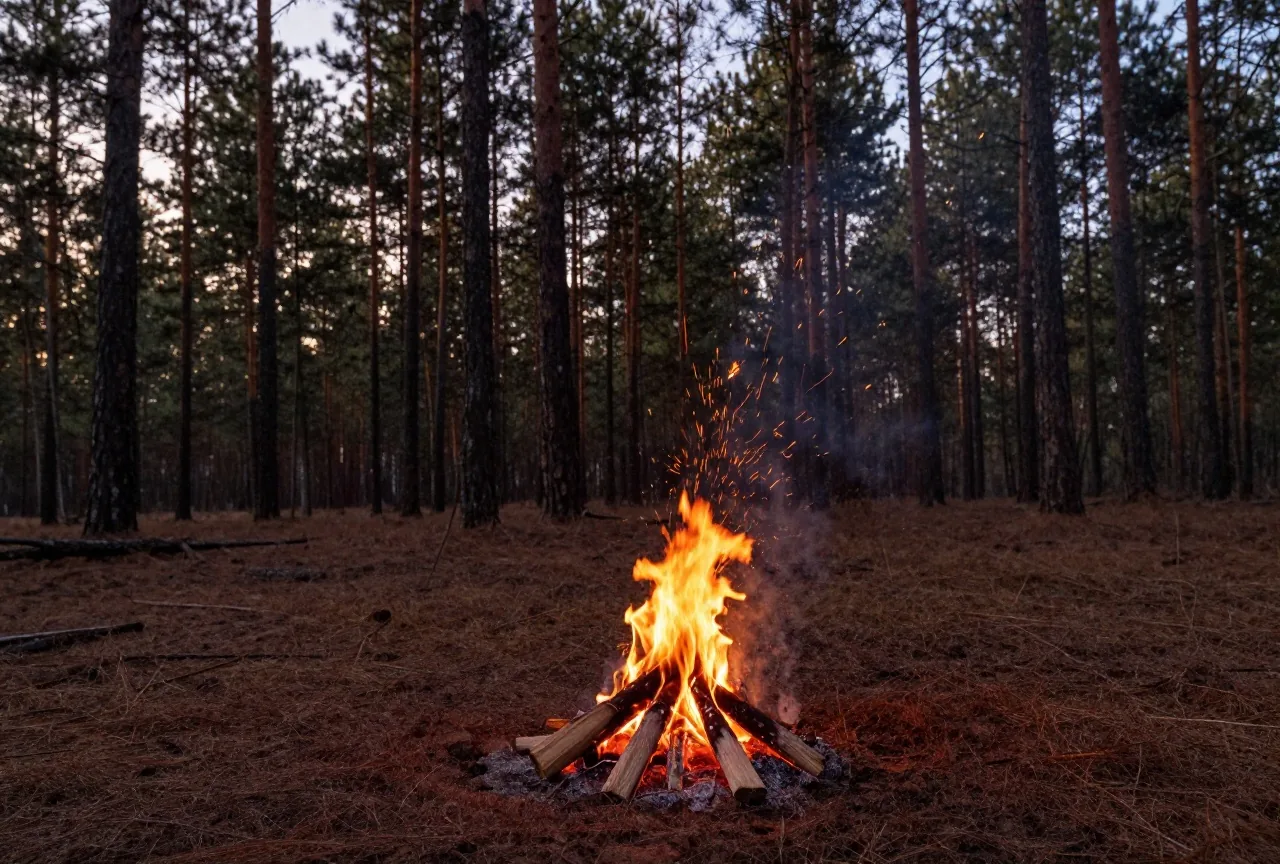 Ein kleines Lagerfeuer am Rand eines trockenen Kiefernwaldes in der Dämmerung, Funken steigen in die Luft