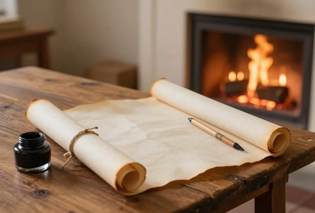 Eine verschnürte Pergamentrolle, ein Schreibrohr und ein kleines Tintenfass auf einem Holztisch neben einer glühenden Feuerstelle