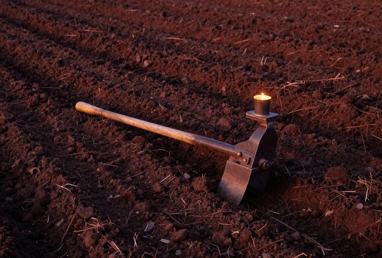 Eine alte eiserne Pflugschar liegt auf frisch umgegrabener dunkler Erde am Rand eines Feldes im Morgenlicht