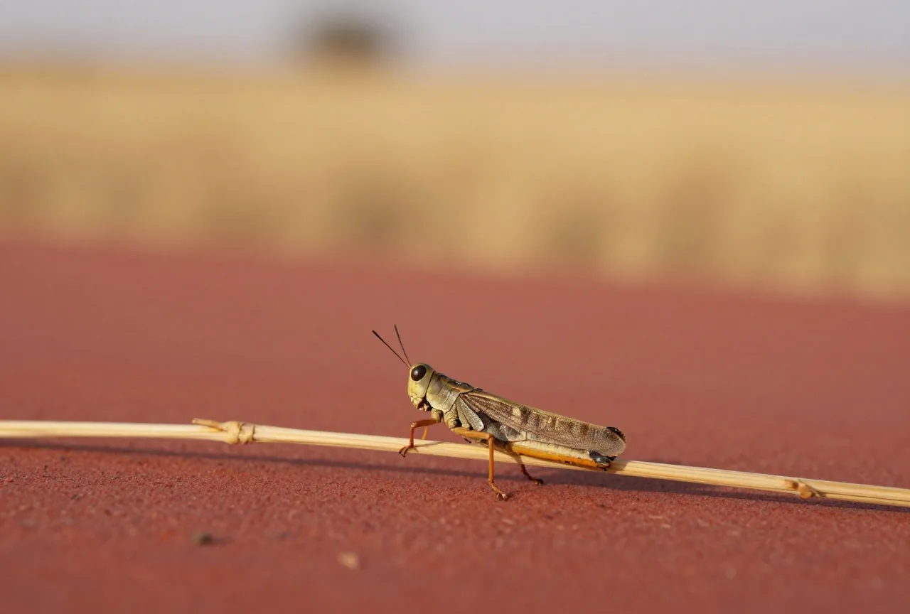 Nahaufnahme einer Wüstenheuschrecke auf einem trockenen Grashalm vor einem unscharfen goldenen Feld im warmen Licht