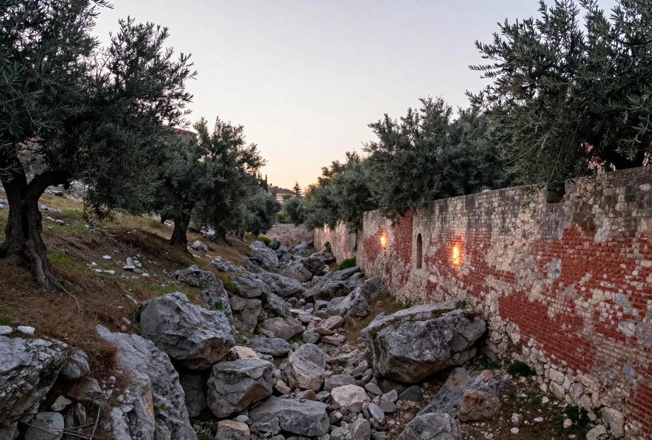 Ein schmales felsiges Tal unter einer alten Stadtmauer bei Sonnenaufgang mit Olivenbäumen an den Hängen