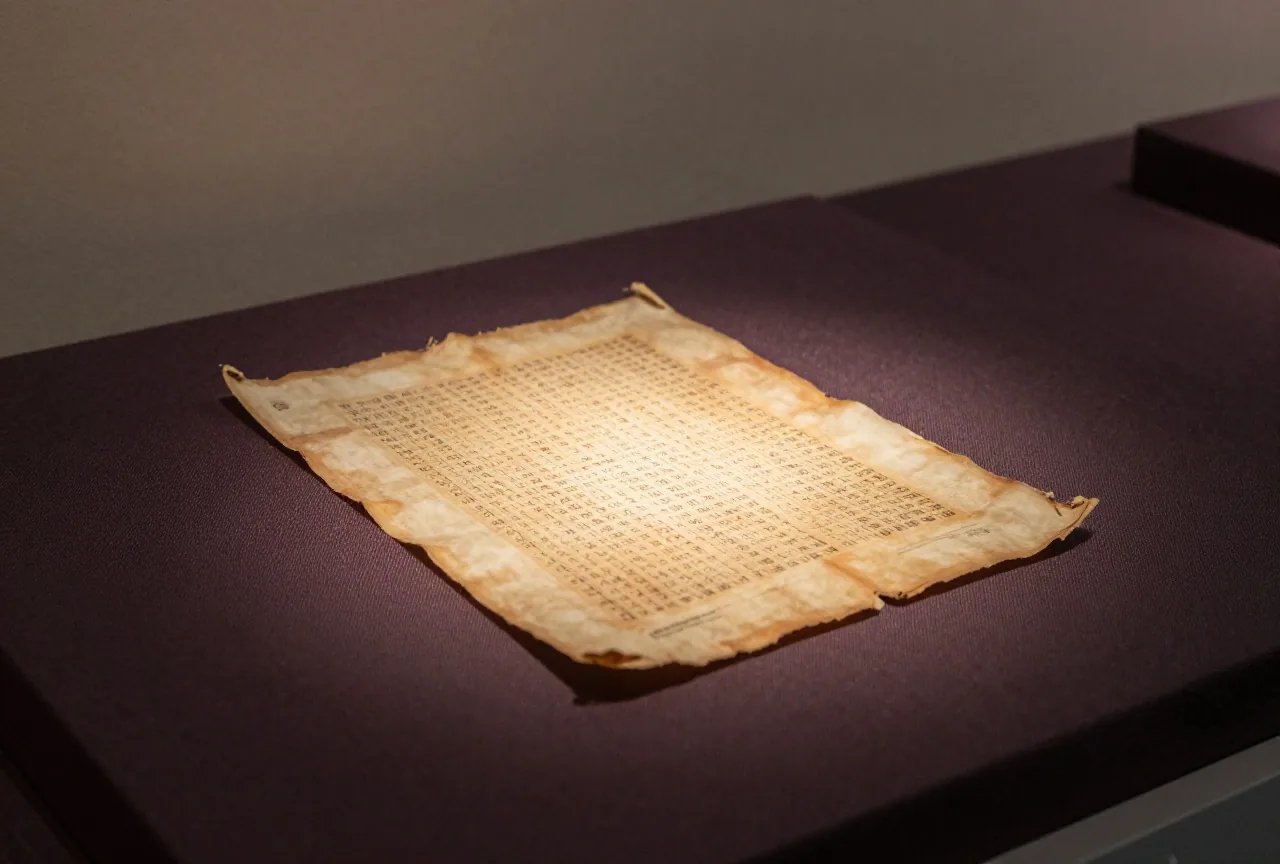 Ein kleines Stück alter Papyrus mit ausgefransten Rändern liegt unter Glas auf dunklem Museumsstoff im weichen Licht eines Strahlers