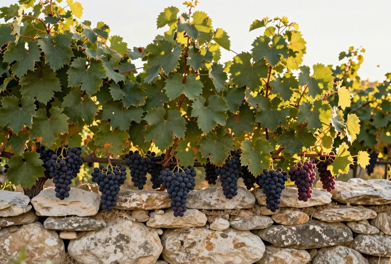 Ein Weinstock mit reifen dunklen Trauben rankt über eine Steinmauer in einem sonnigen Weinberg, die Blätter leuchten im Gegenlicht