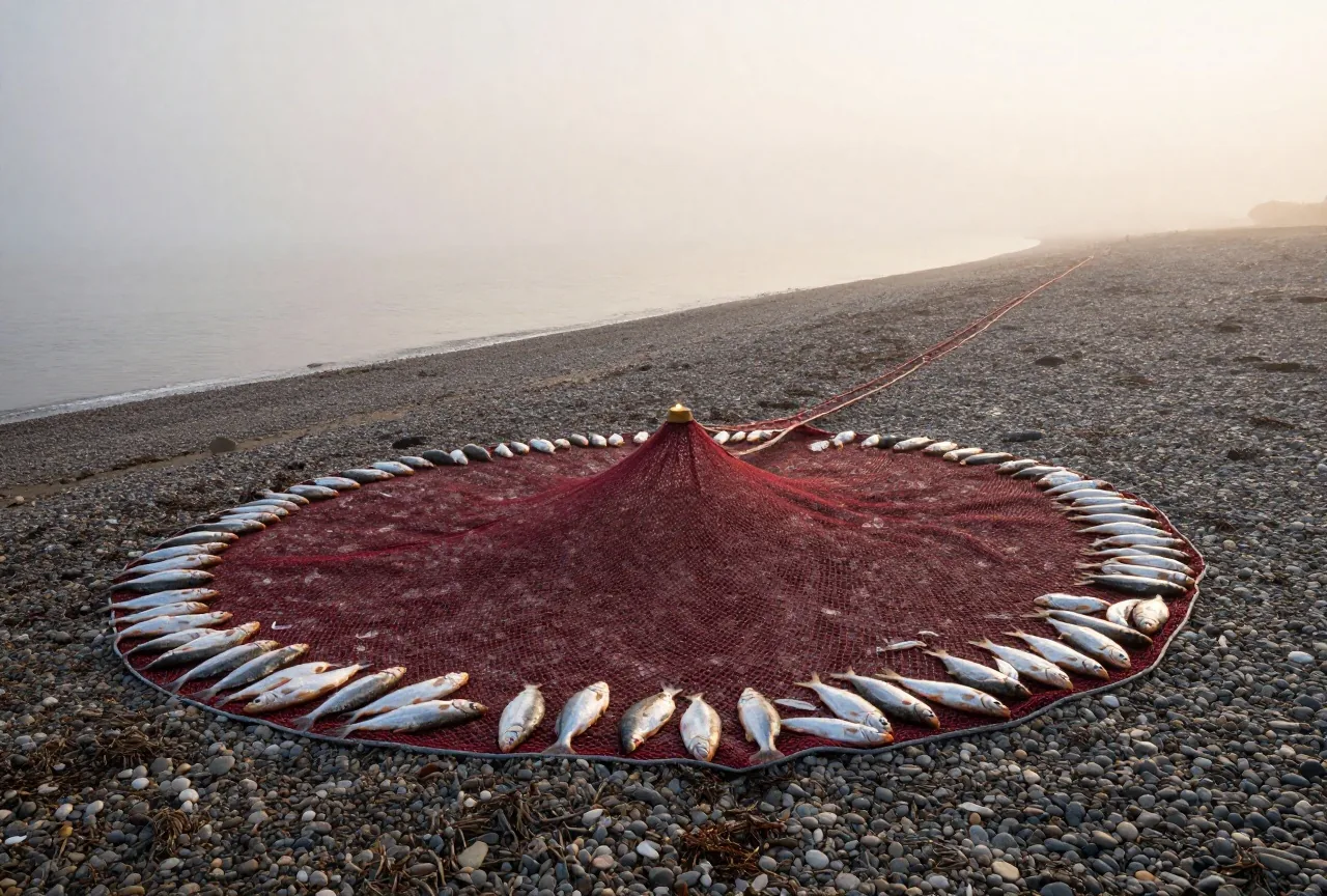 Ein schweres Fischernetz voller silberner Fische wird im Morgennebel auf einen Kieselstrand gezogen