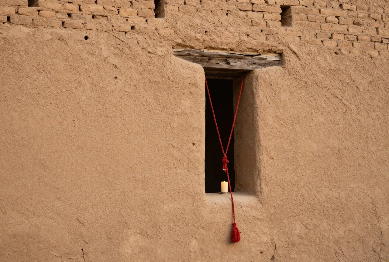 Ein rotes Seil hängt aus einem kleinen Fenster in einer alten Stadtmauer aus Lehmziegeln im warmen Nachmittagslicht