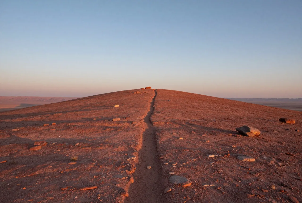 Ein einsames felsiges Hochplateau über einem Wüstental bei Sonnenaufgang, ein schmaler Pfad führt hinauf zum Gipfel