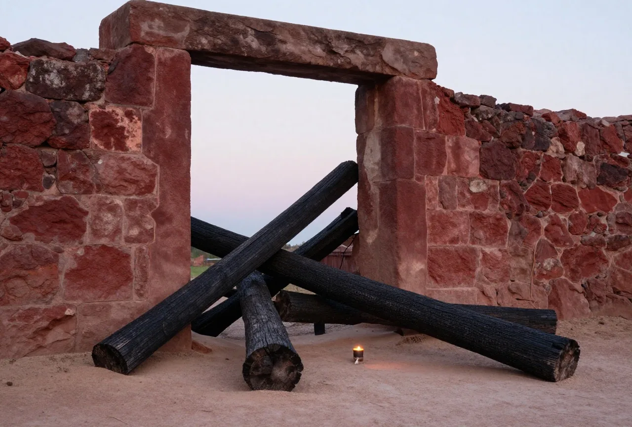 Ein eingestürztes steinernes Stadttor mit verkohlten Holzbalken im Staub, weiches Abendlicht, keine Menschen