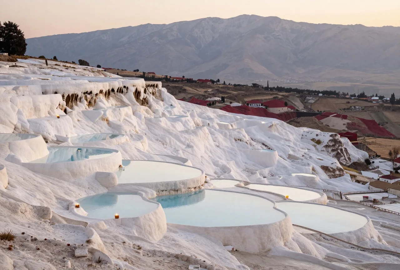 Weiße Kalksinterterrassen mit flachen warmen Becken an einem Hang in Anatolien, weiches Morgenlicht und ferne Berge