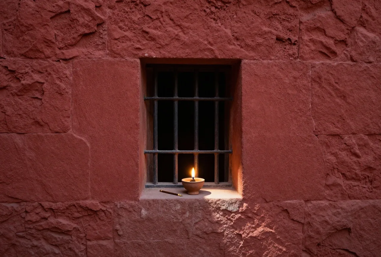 Ein kleines vergittertes Fenster in einer dicken antiken Steinmauer, ein Lichtstrahl fällt auf eine Öllampe aus Ton und ein Schreibrohr