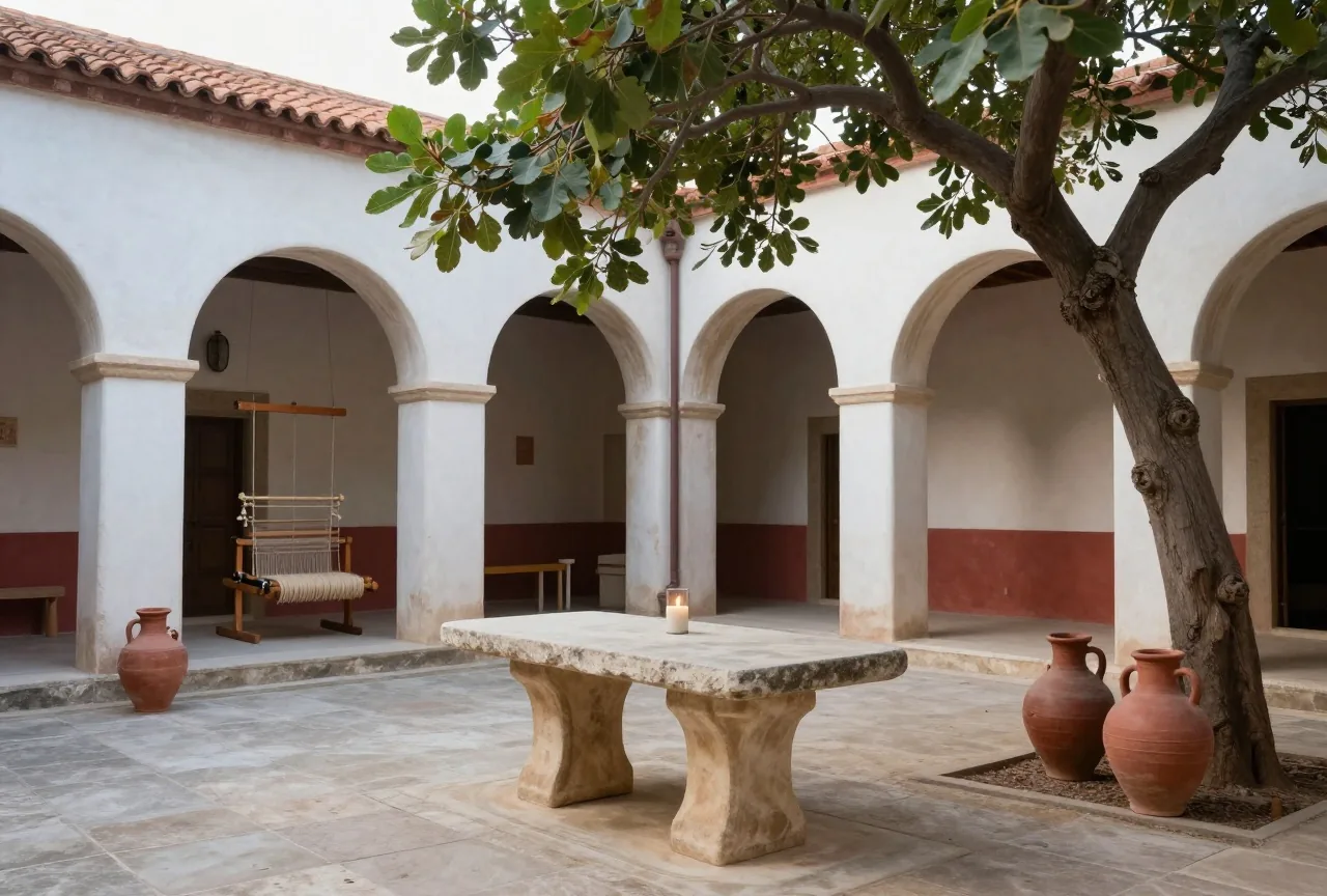 Der Innenhof eines antiken Hauses am Mittelmeer mit Steintisch, Tonkrügen und einem Webstuhl unter einem Feigenbaum im Nachmittagslicht
