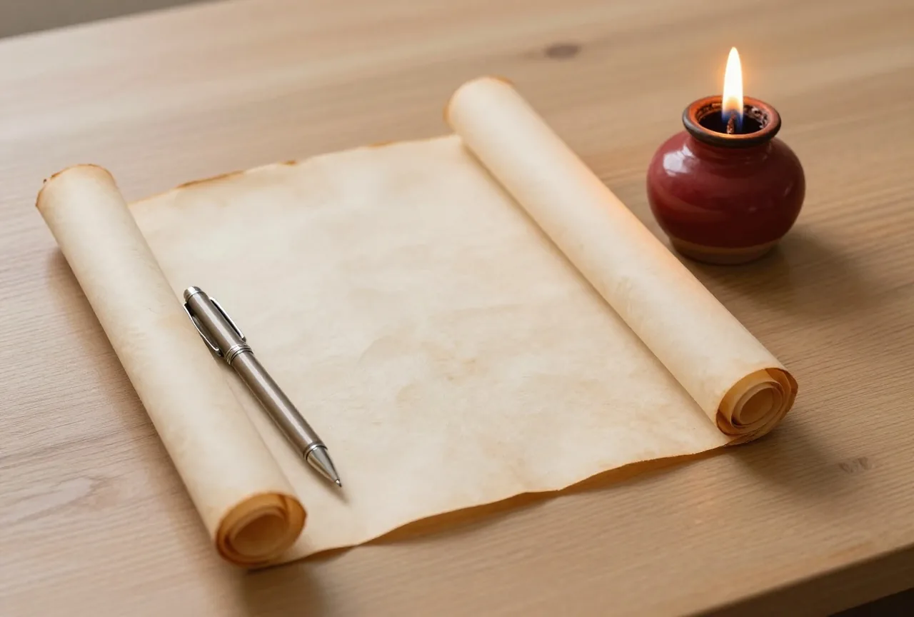 Ein Schreibrohr und ein kleines Tintenfass aus Ton auf einem Holztisch neben einer gerollten Papyrusbahn im warmen Lampenlicht