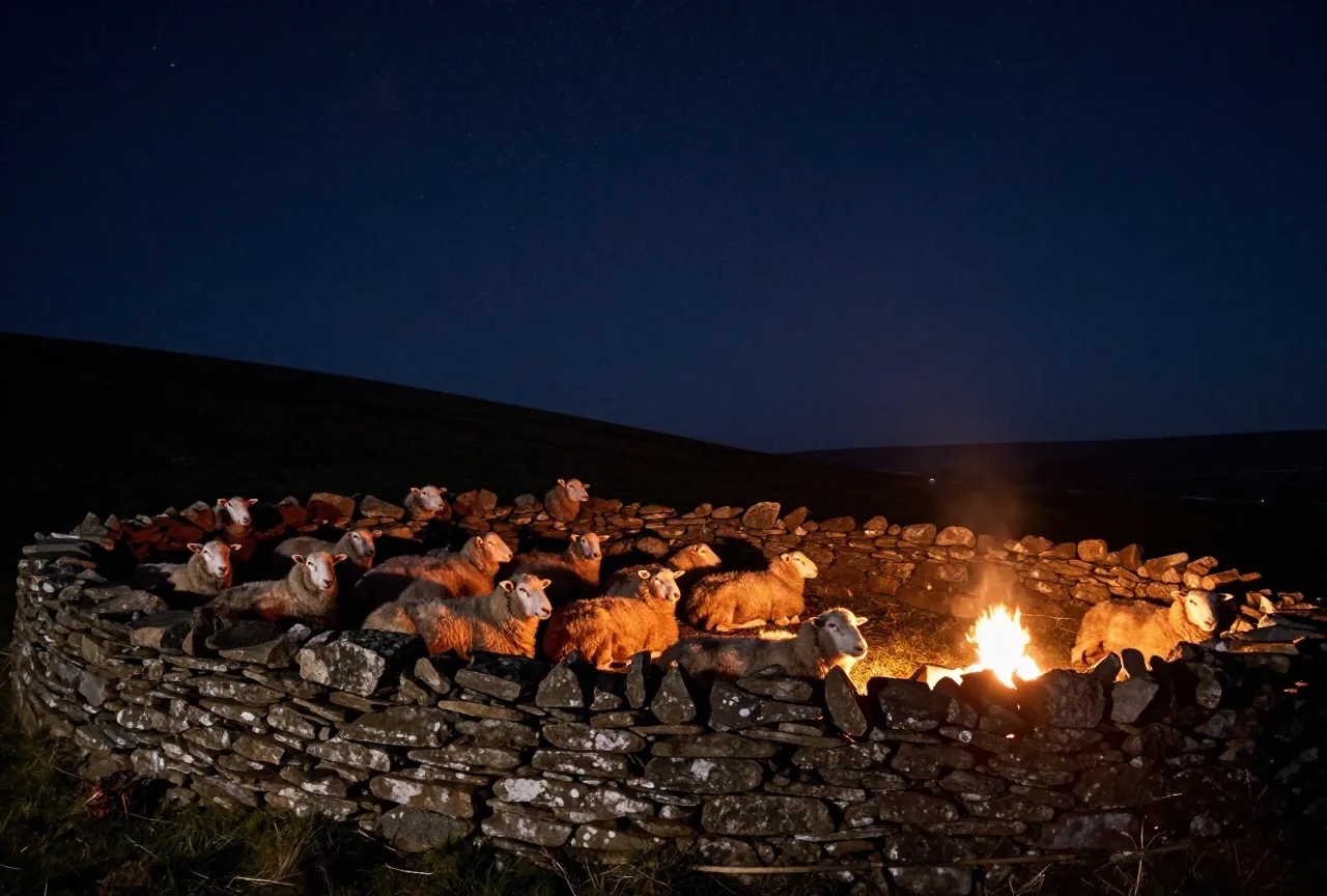 Eine Schafherde ruht nachts in einem Pferch mit Steinmauer am Hang, daneben glimmt ein kleines Feuer unter dem Sternenhimmel