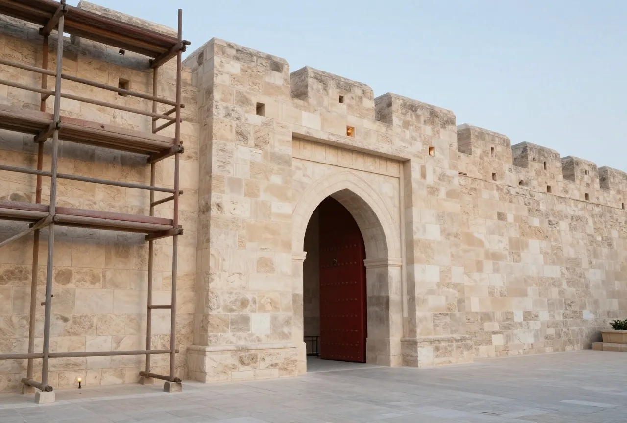 Wiederaufgebaute helle Kalksteinmauern und ein breites Tor einer alten Stadt auf einem Hügel, daneben ein Holzgerüst