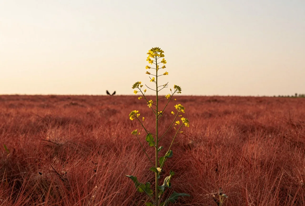 Eine hohe Senfpflanze mit gelben Blüten in einem trockenen Feld, kleine Vögel sitzen in ihren Zweigen im warmen Nachmittagslicht